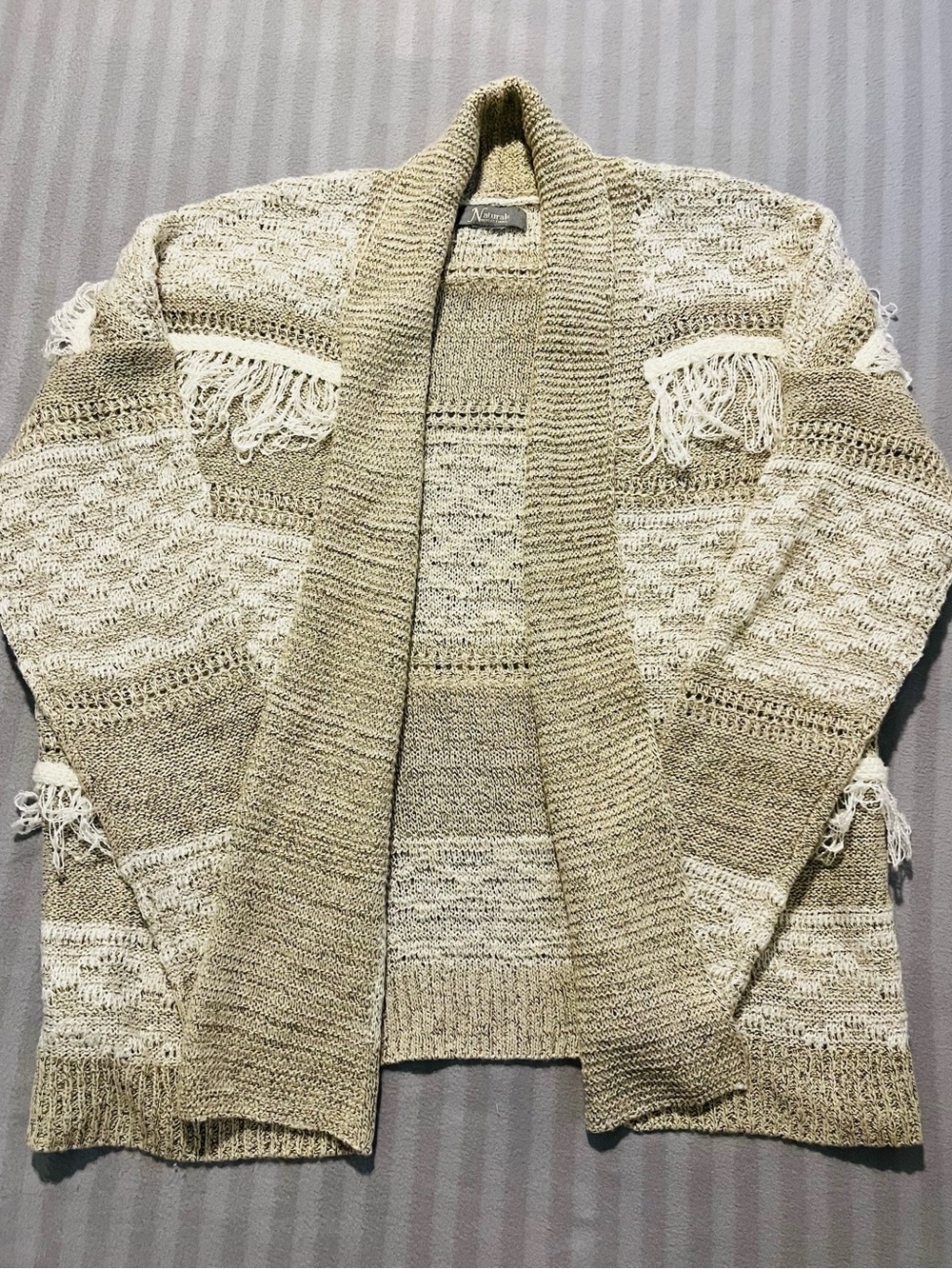 Natural Reflections Cream-Tan Knit Open Cardigan with Fringe